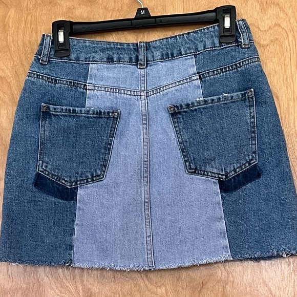 Top Shop Moto Denim Patchwork Mini Skirt 6 - Picture 2 of 3